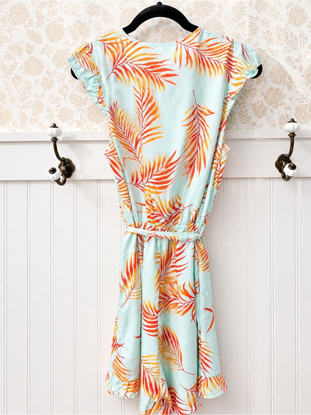 Cupshe Light Blue Wrap Dress with Orange Palm Leaf Print - Picture 2 of 3